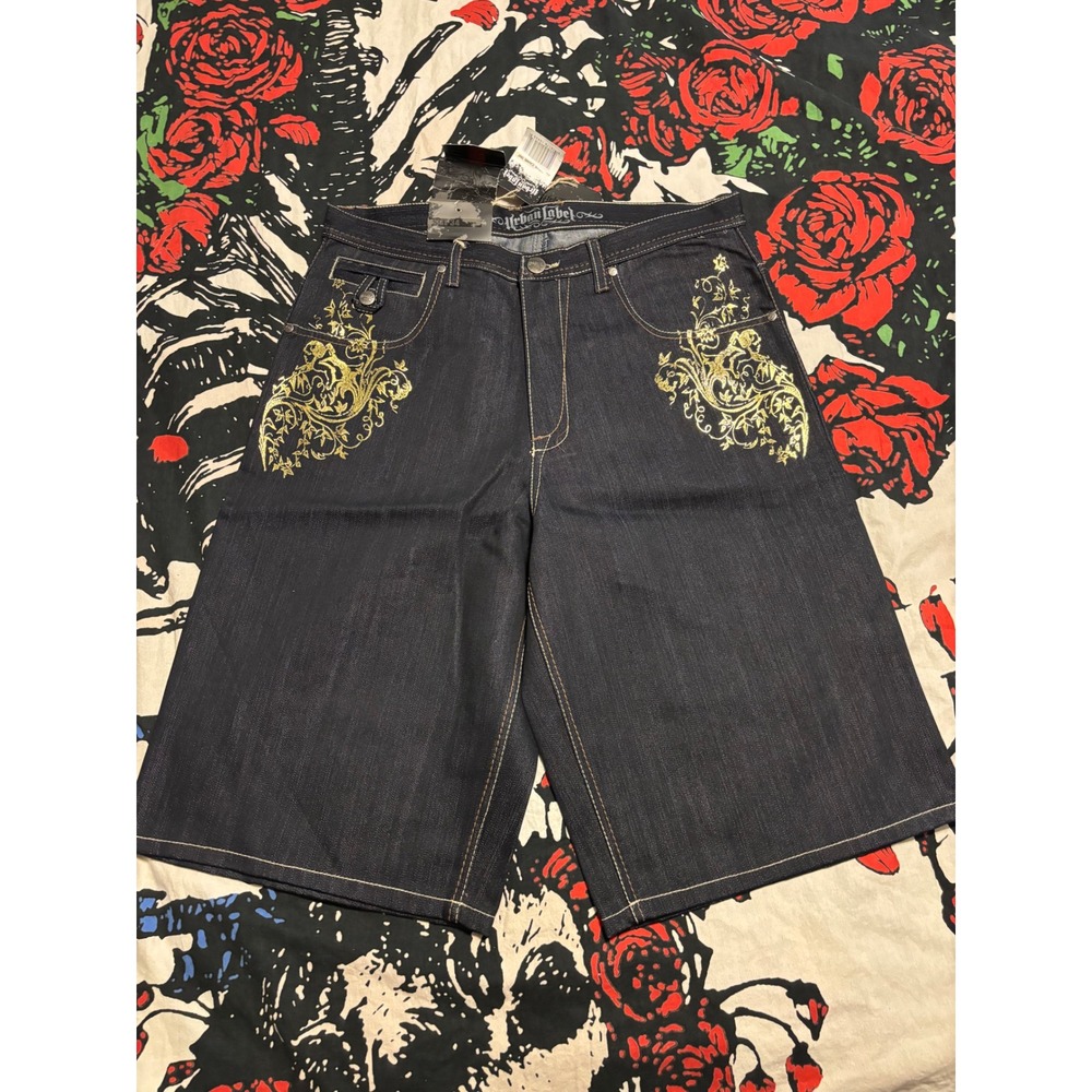 Urban Label Mens Baggy Denim Shorts Gold Foil Graphic Y2K Hip Hop Indigo Size 34